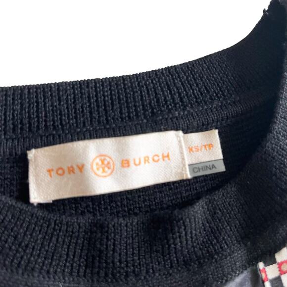 Tory Burch Black Merino Wool Geometric Striped Silk Panel Crewneck Sweater Sz XS - Picture 4 of 8